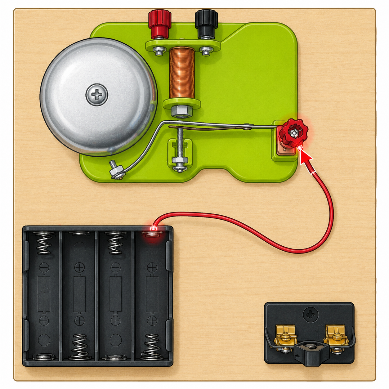 Red wire from the battery holder connected to the red side terminal of the bell