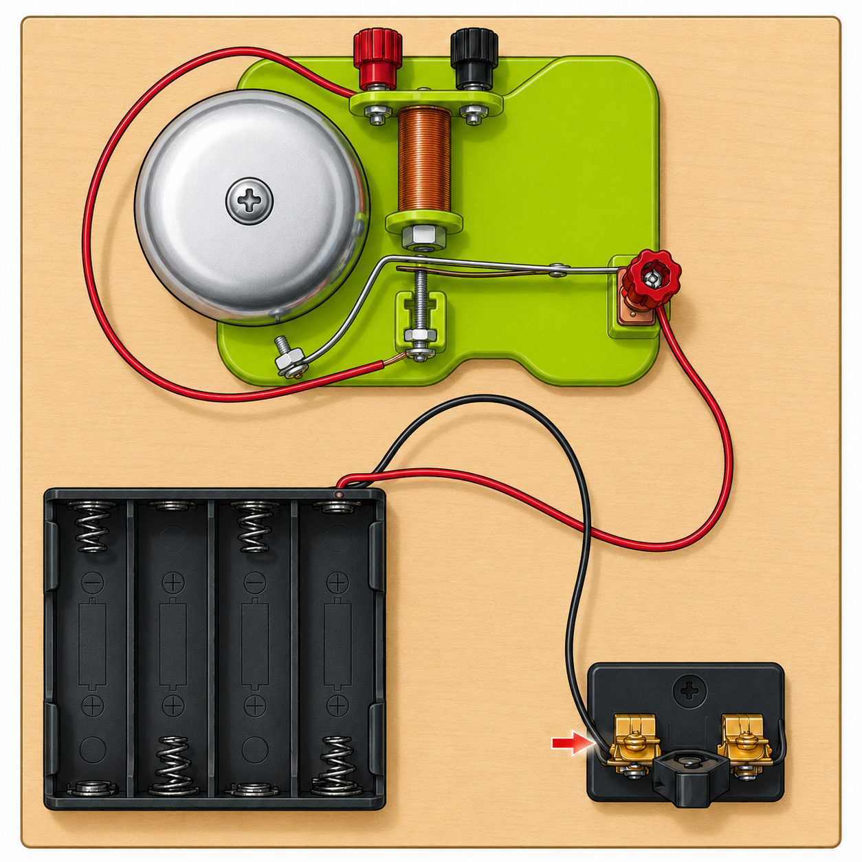 Black wire from the battery holder connected to the left terminal of the knife switch