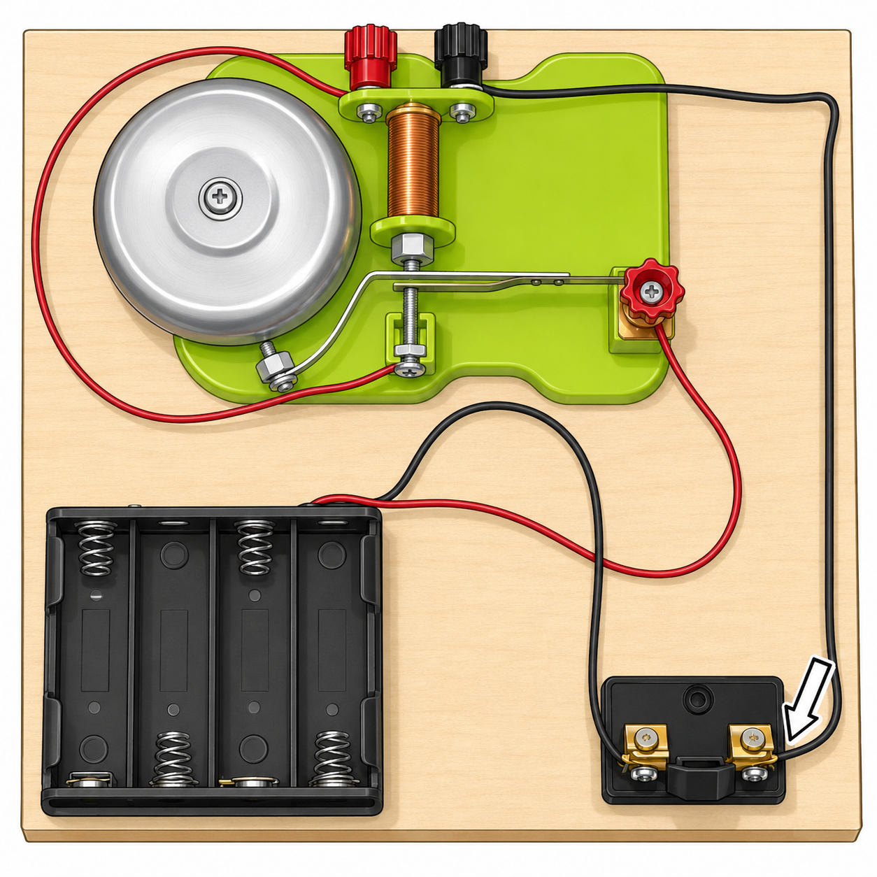 Black wire from the black binding post connected to the right terminal of the knife switch