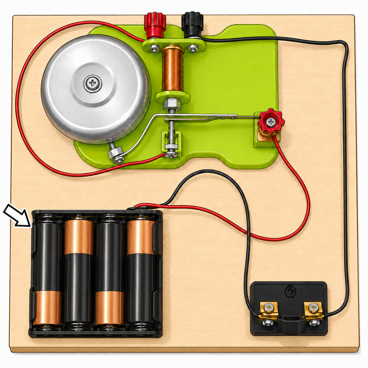 Battery holder loaded with four AA batteries in alternating orientation