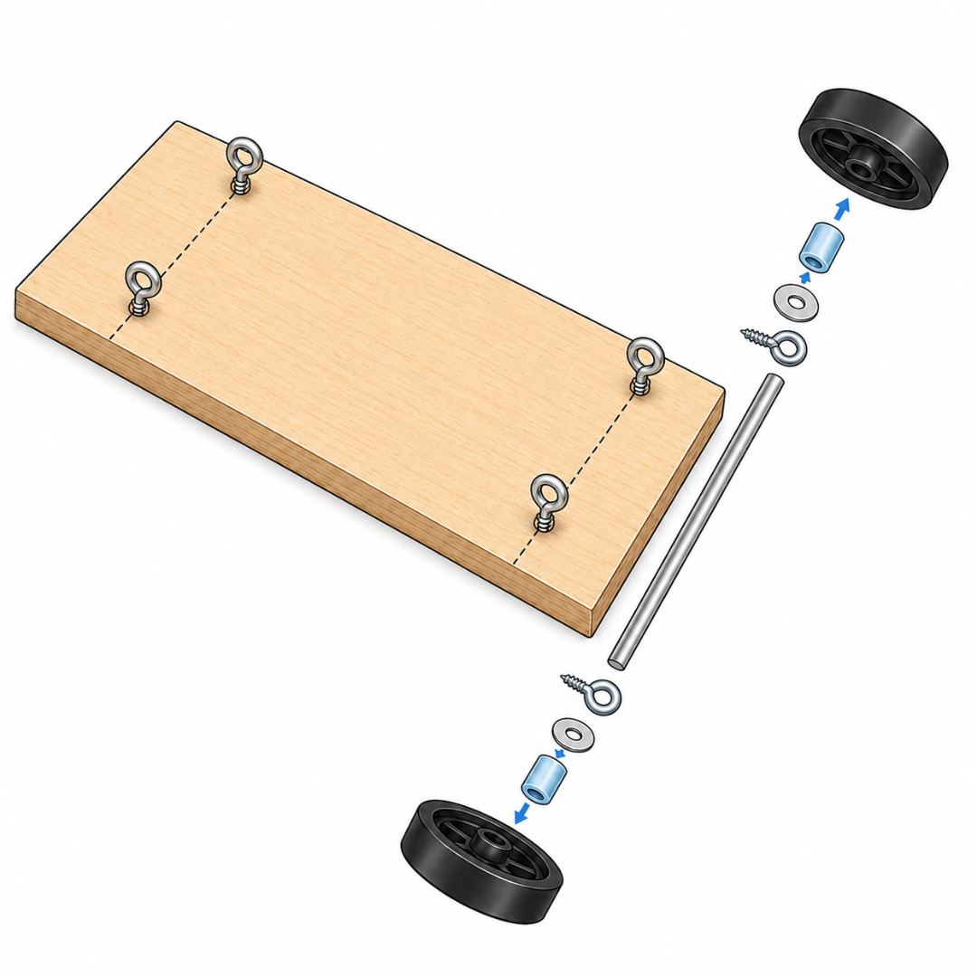Wooden chassis with eye screw axle holders, wheels, washers and straw spacers