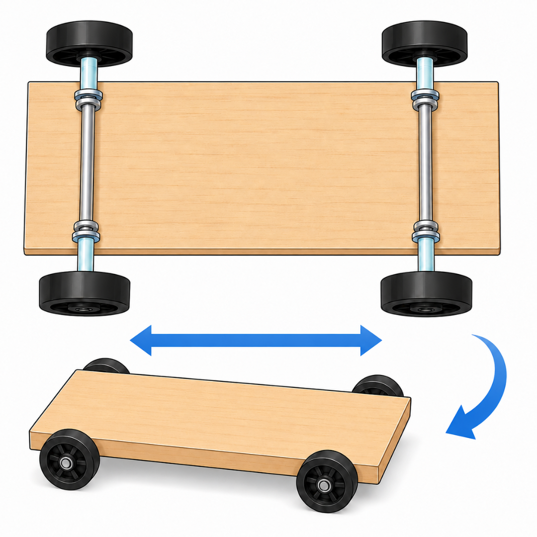 Underside of the car showing the mounted axles and wheels