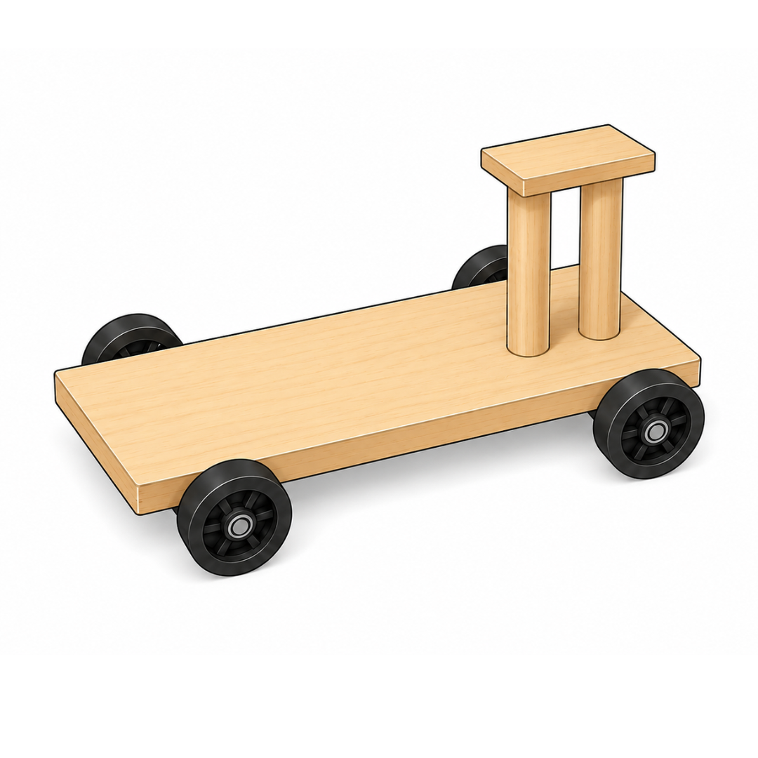Wooden stand built on the car chassis from dowels and wood pieces