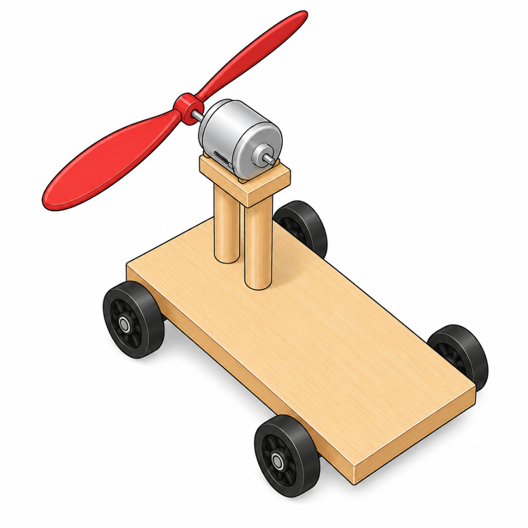 Motor and propeller strapped to the stand with the battery holder mounted on the chassis