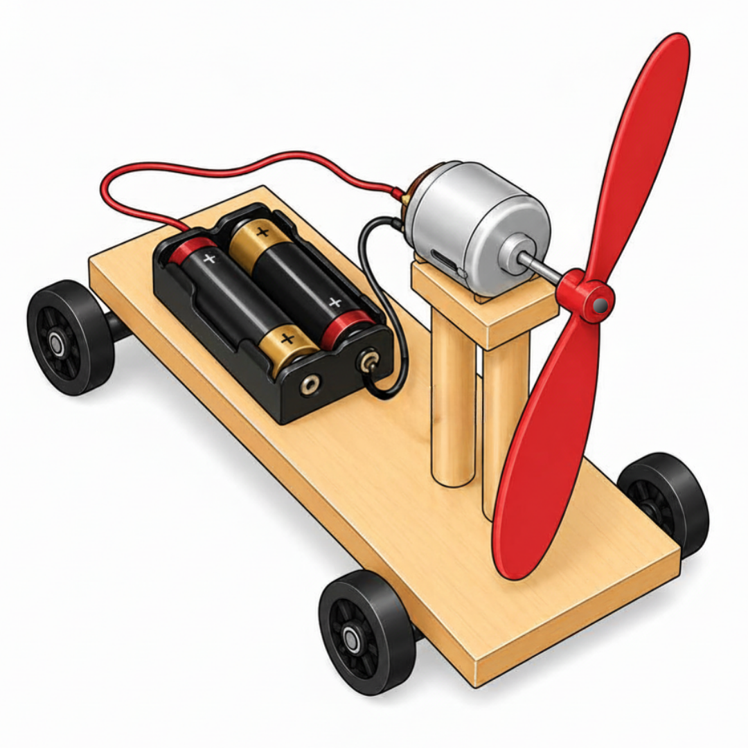 Completed propeller car with motor, propeller and battery holder