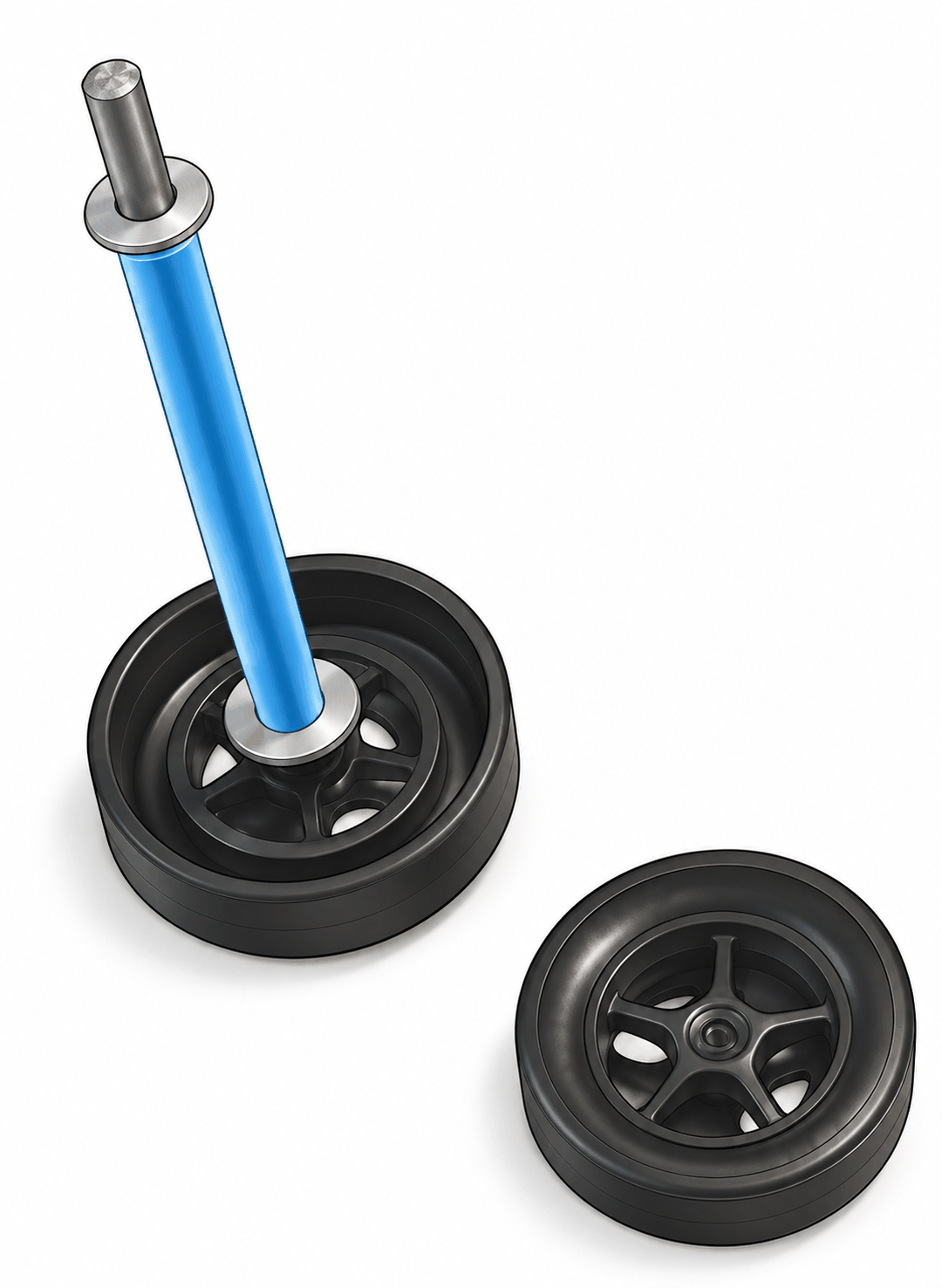 Axle inserted into one wheel with a washer and a blue straw slid over it, next to the second wheel