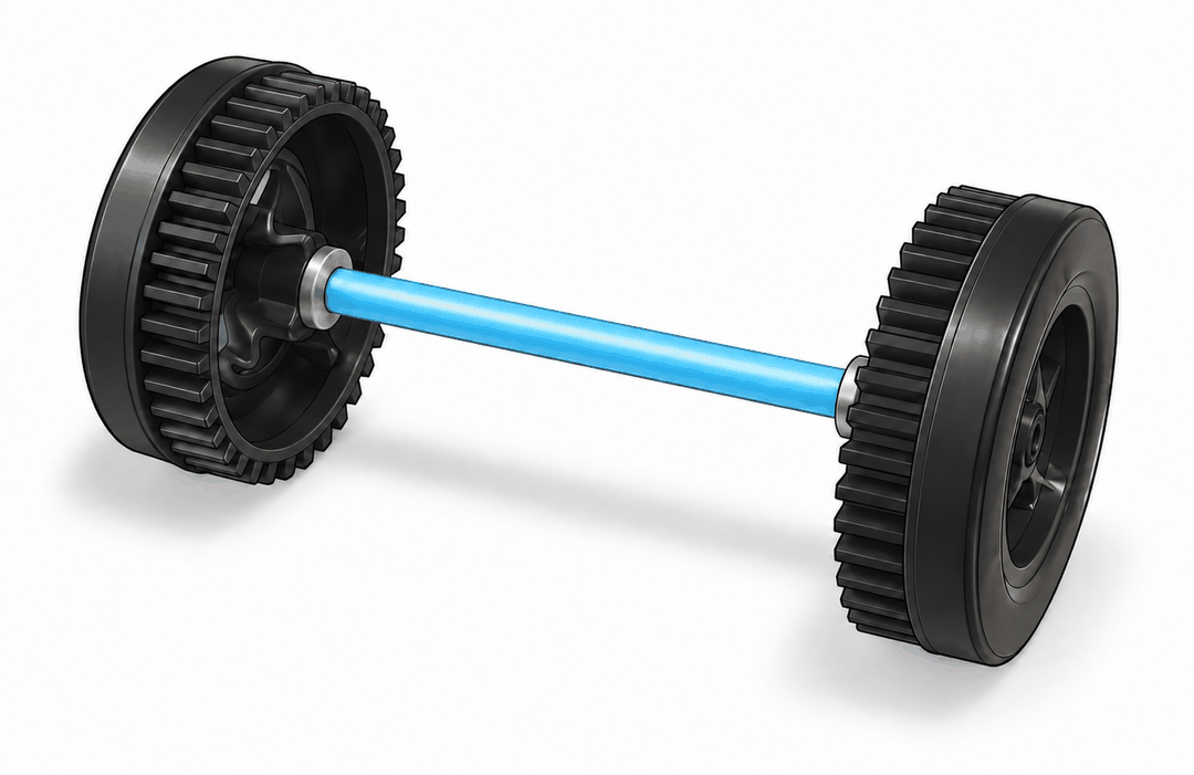 Finished axle assembly: two geared wheels joined by an axle covered with a blue straw