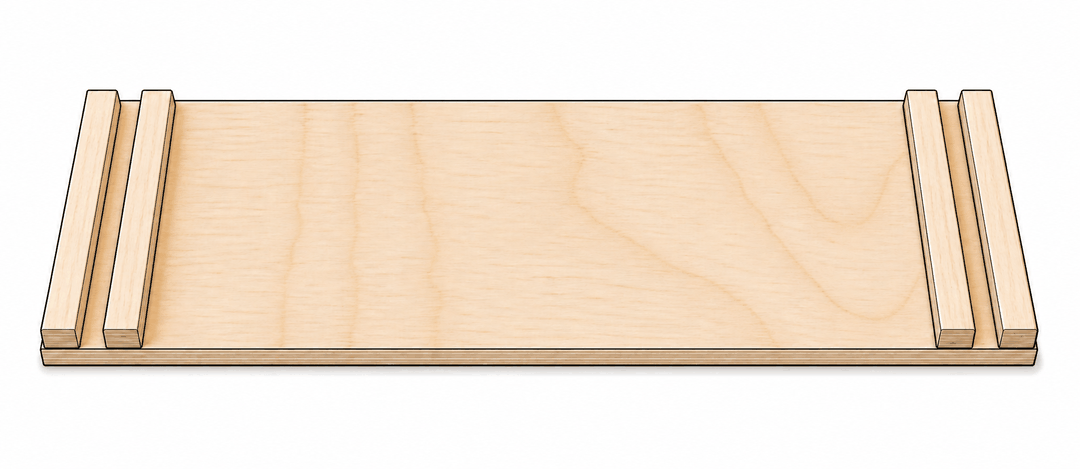 Wood sheet with two pairs of wood strips glued across each end, leaving a narrow gap between each pair