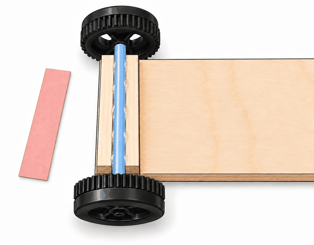 Straw-covered axle seated in the gap between the wood strips, with a paper strip ready to cover it