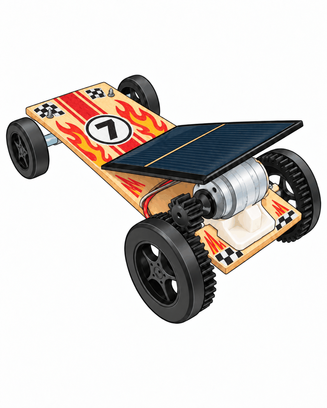Solar car decorated with racing flames, checkered flags and the number 7