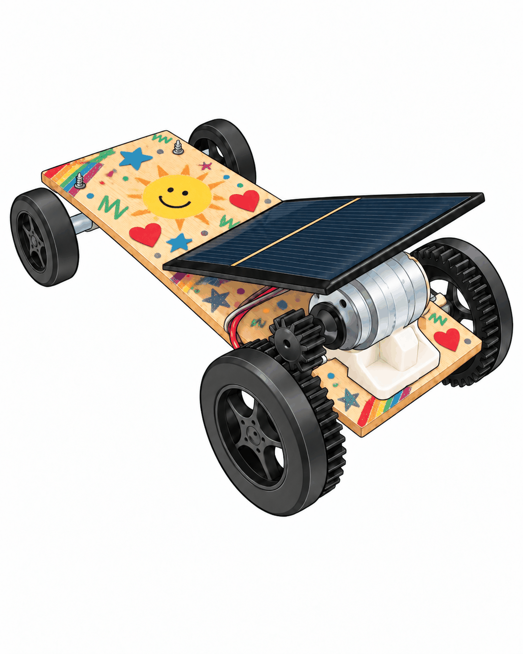 Solar car decorated with a smiling sun, stars, hearts and rainbows