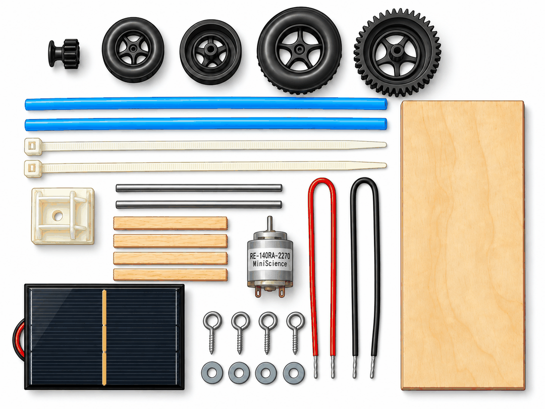 Solar car kit parts laid out: wheels and geared rear wheel, small motor gear, straws, cable ties, motor mount, metal axles, wood sticks, DC motor, red and black wires, solar panel, eye screws, washers and wood sheet