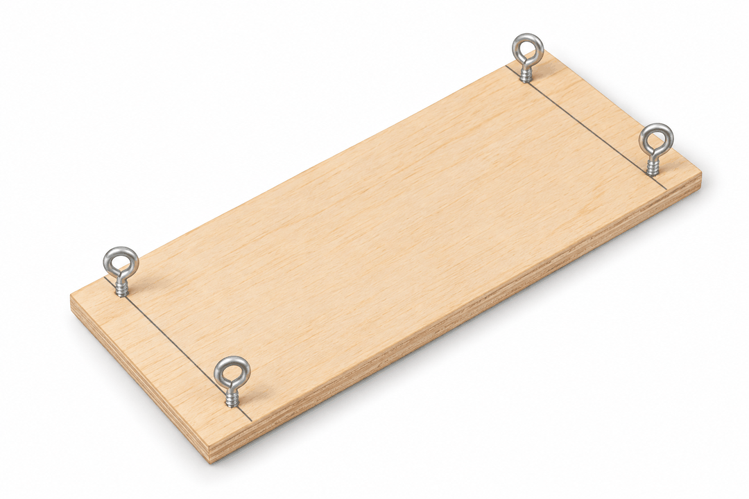 Wooden chassis with two axle lines drawn near the ends and an eye screw inserted at each end of each line