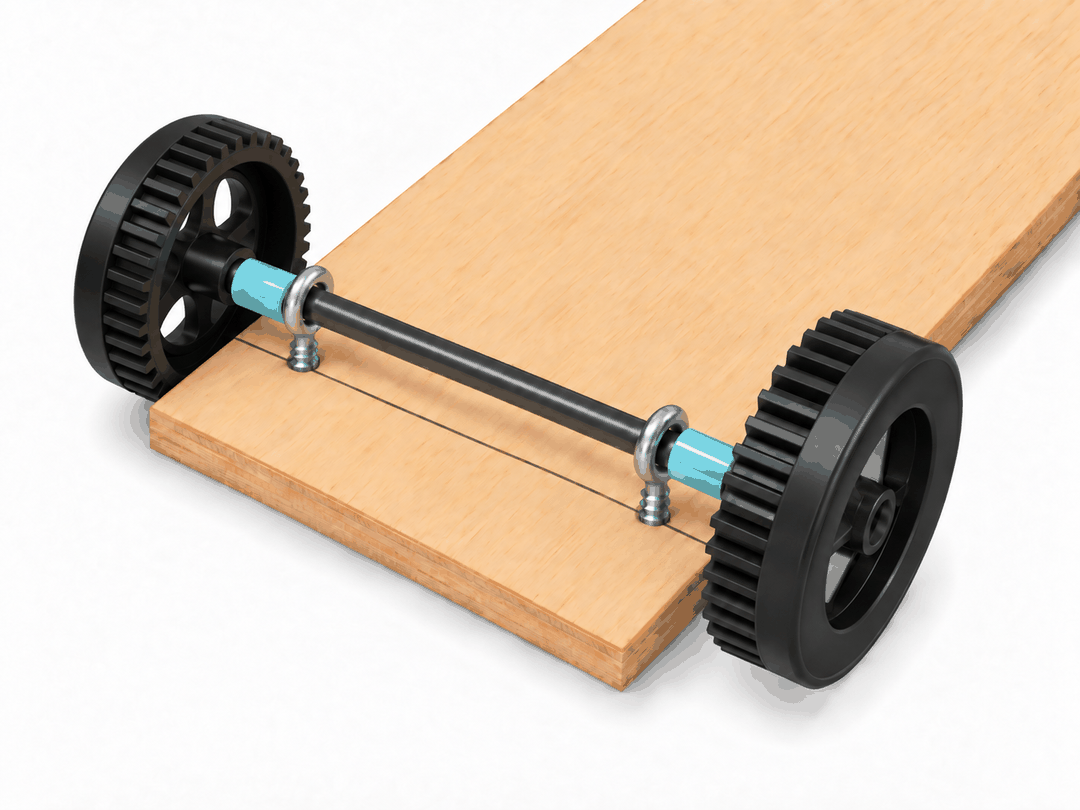 Geared rear wheels pushed onto both ends of the axle, outside the straw spacers
