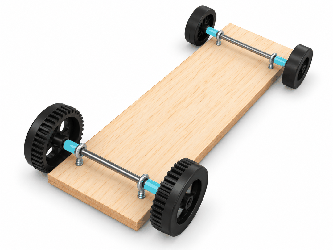 Finished chassis seen from below, with front wheels and geared rear wheels mounted on eye screws