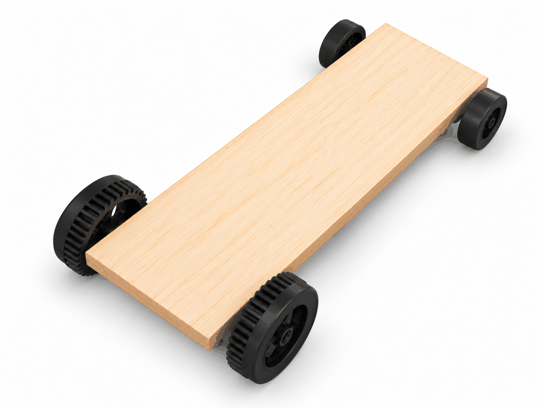 Chassis turned right side up, with the axles hidden underneath the wooden board