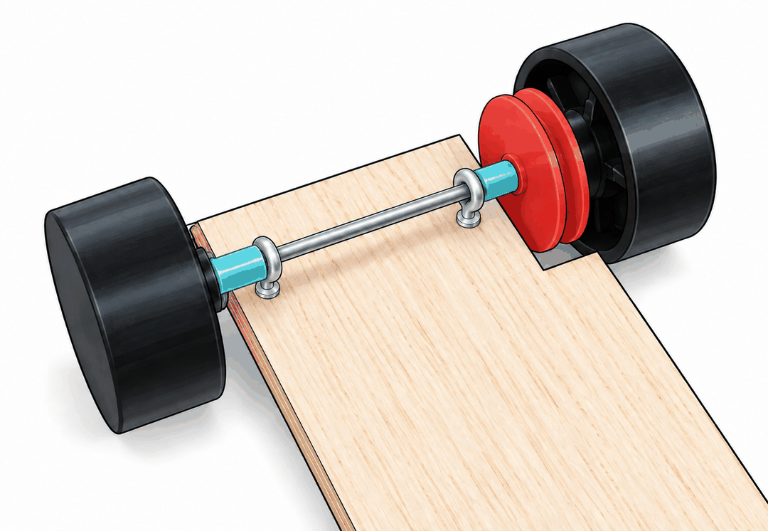 Red pulley mounted on the rear axle beside a plain wheel, inside the notch cut in the chassis
