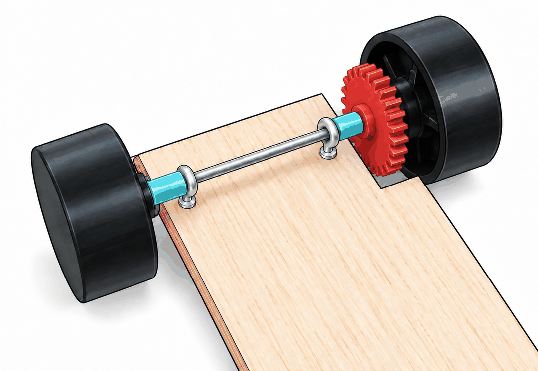 Red gear mounted on the rear axle beside a plain wheel, inside the notch cut in the chassis