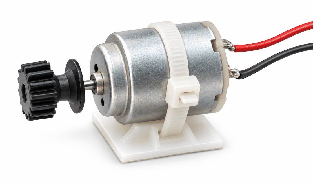 DC motor with a small gear on its shaft, strapped to the white motor mount with a cable tie