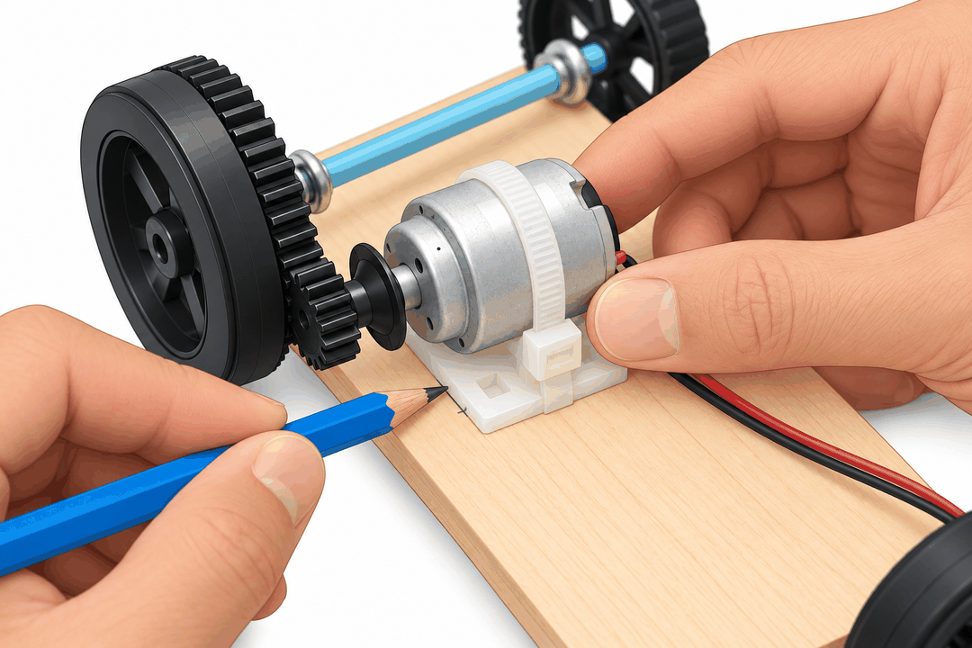 Hands holding the motor so its small gear meshes with the geared rear wheel while marking its position on the chassis with a pencil