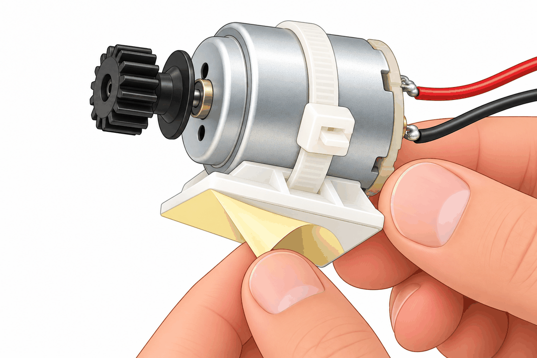 Peeling the protective paper off the adhesive pad under the motor mount