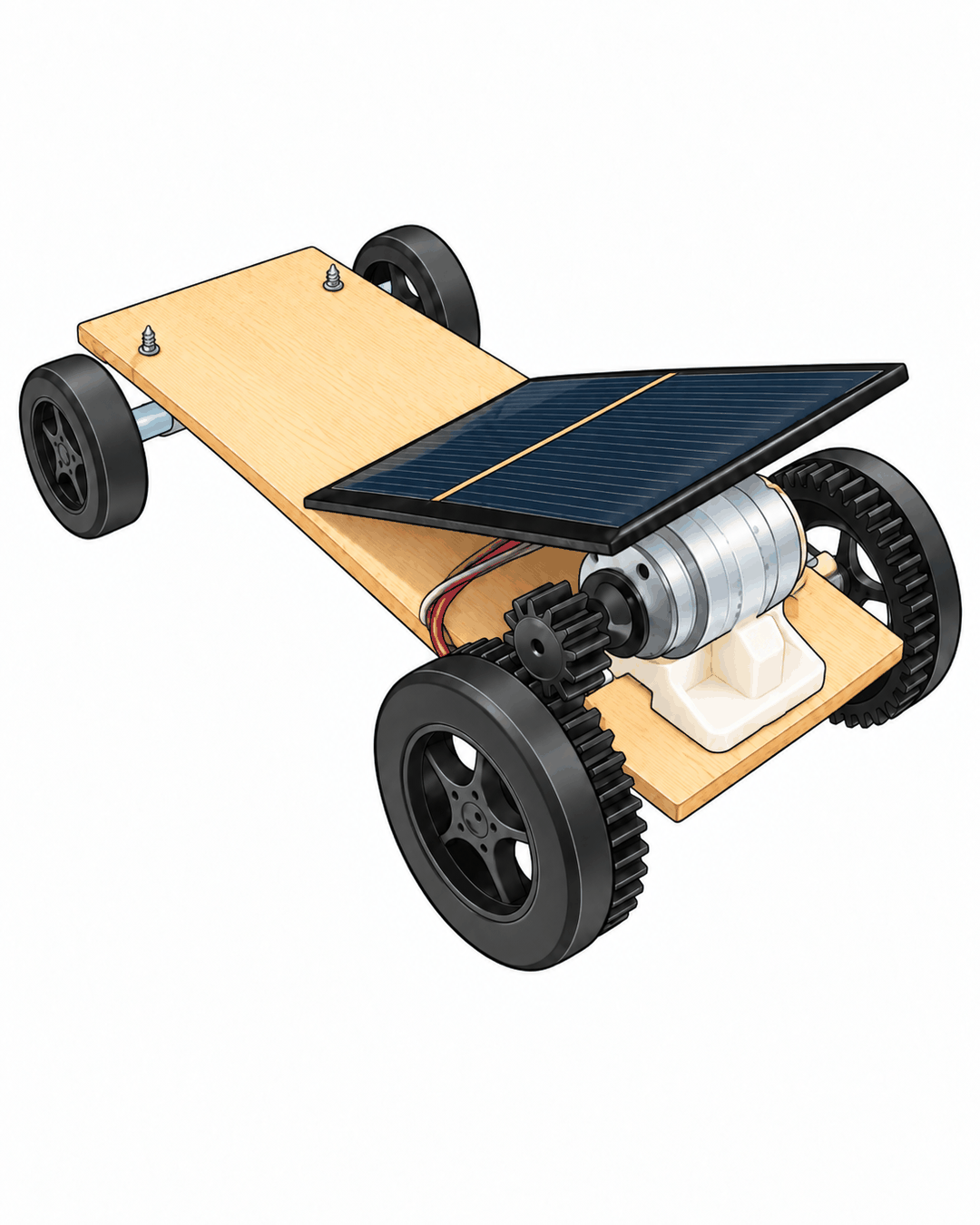 Finished solar car with the solar panel mounted at a slant over the motor and the geared rear wheels