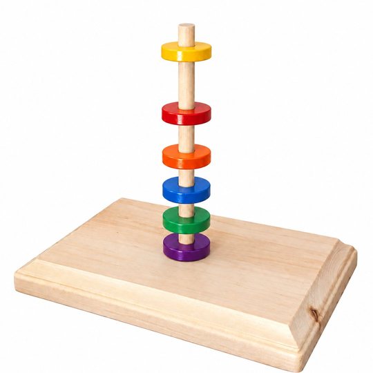 Floating Rings Science Set (KITFR): Six colored ring magnets floating on a wooden dowel, rectangular wooden base