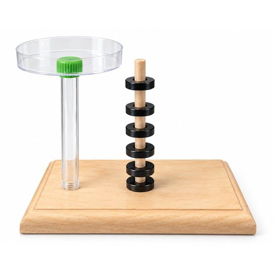 Floating Rings Science Set with Platform (KITFRBX): Six black ring magnets floating on a dowel next to a clear tube with a petri dish tray