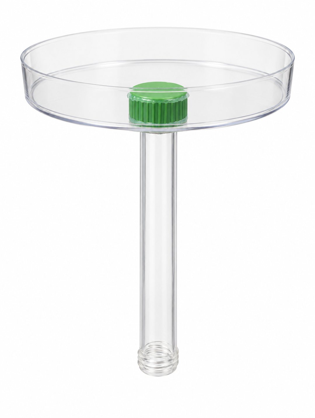 Finished platform: the green cap is glued to the center of the clear petri dish, with the test tube pointing straight down and its open threaded end at the bottom