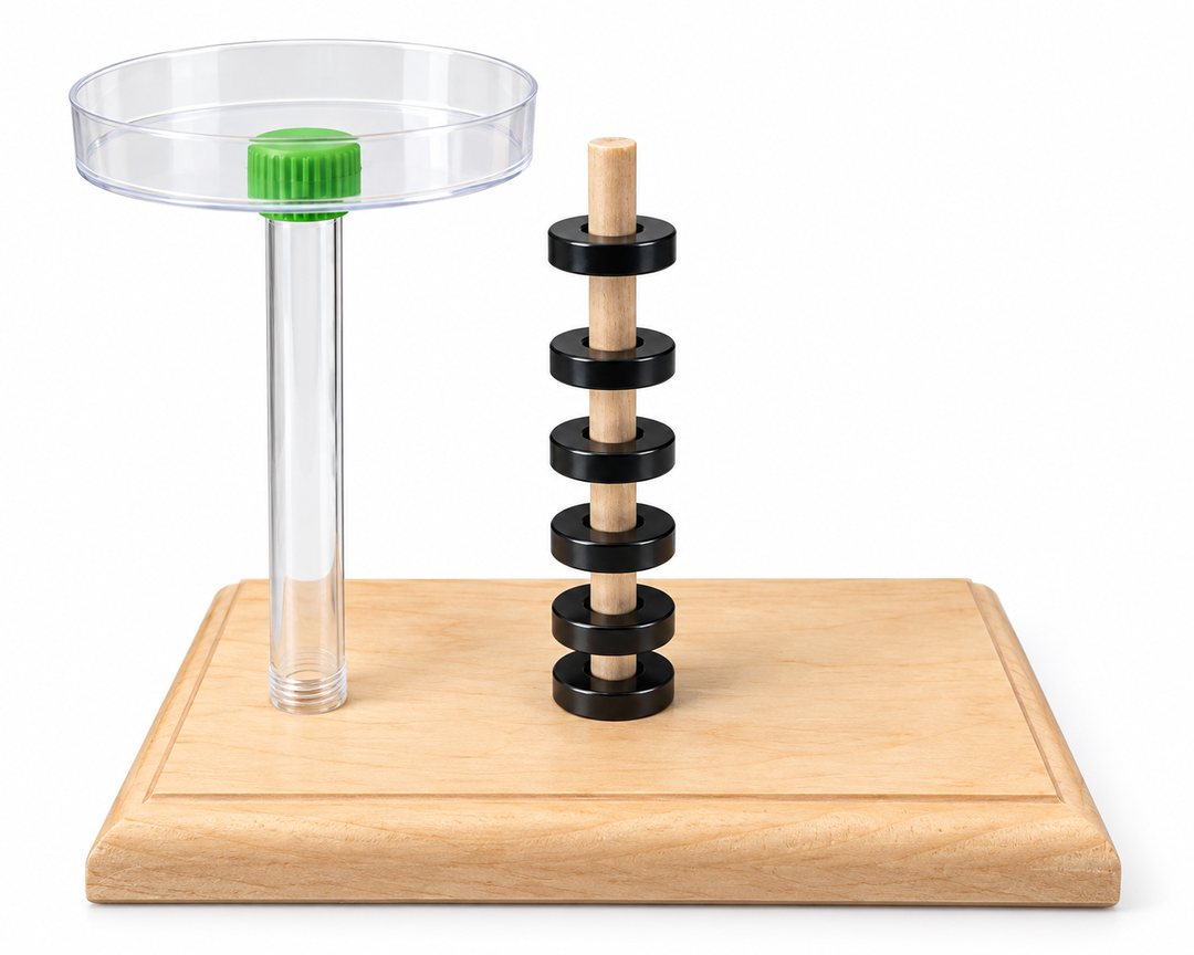 Kit assembled: six black ring magnets floating on a wooden dowel, next to the clear tube with the petri dish tray, on a wooden base