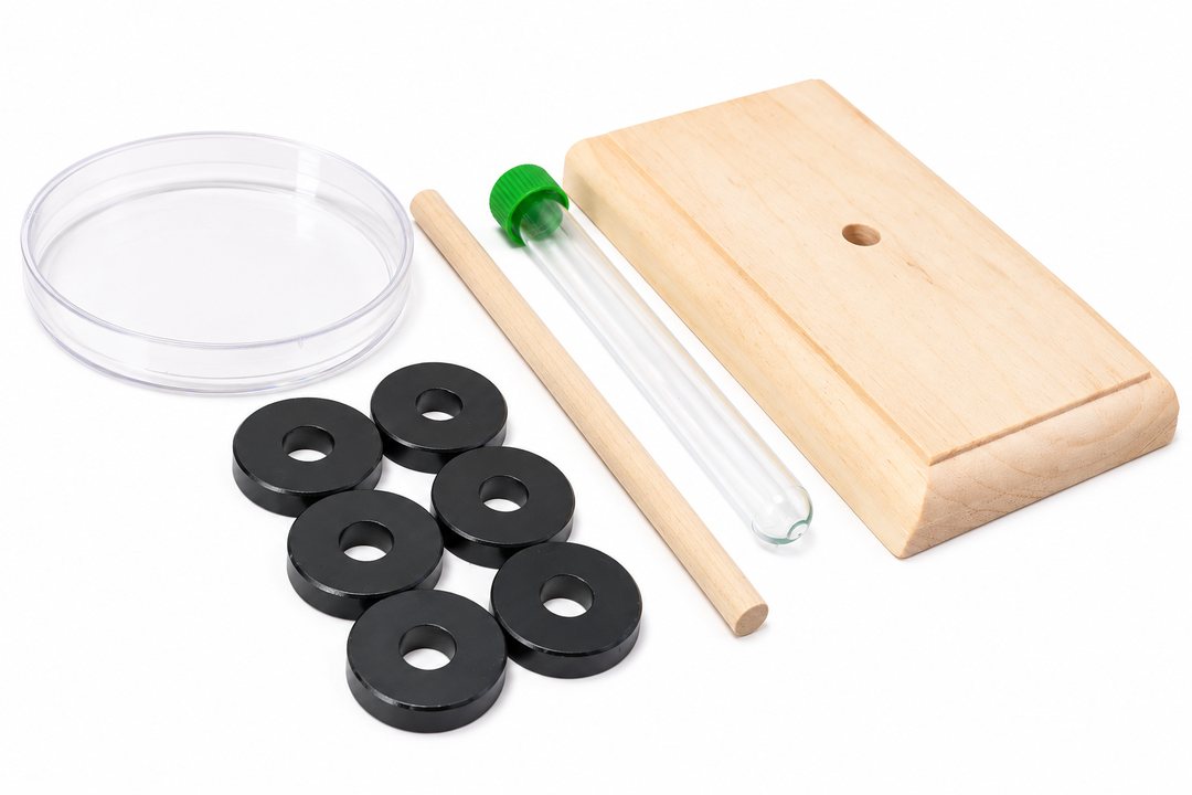 Kit parts: clear petri dish, six black ceramic ring magnets, wooden dowel, clear test tube with a green cap and wooden base with a center hole