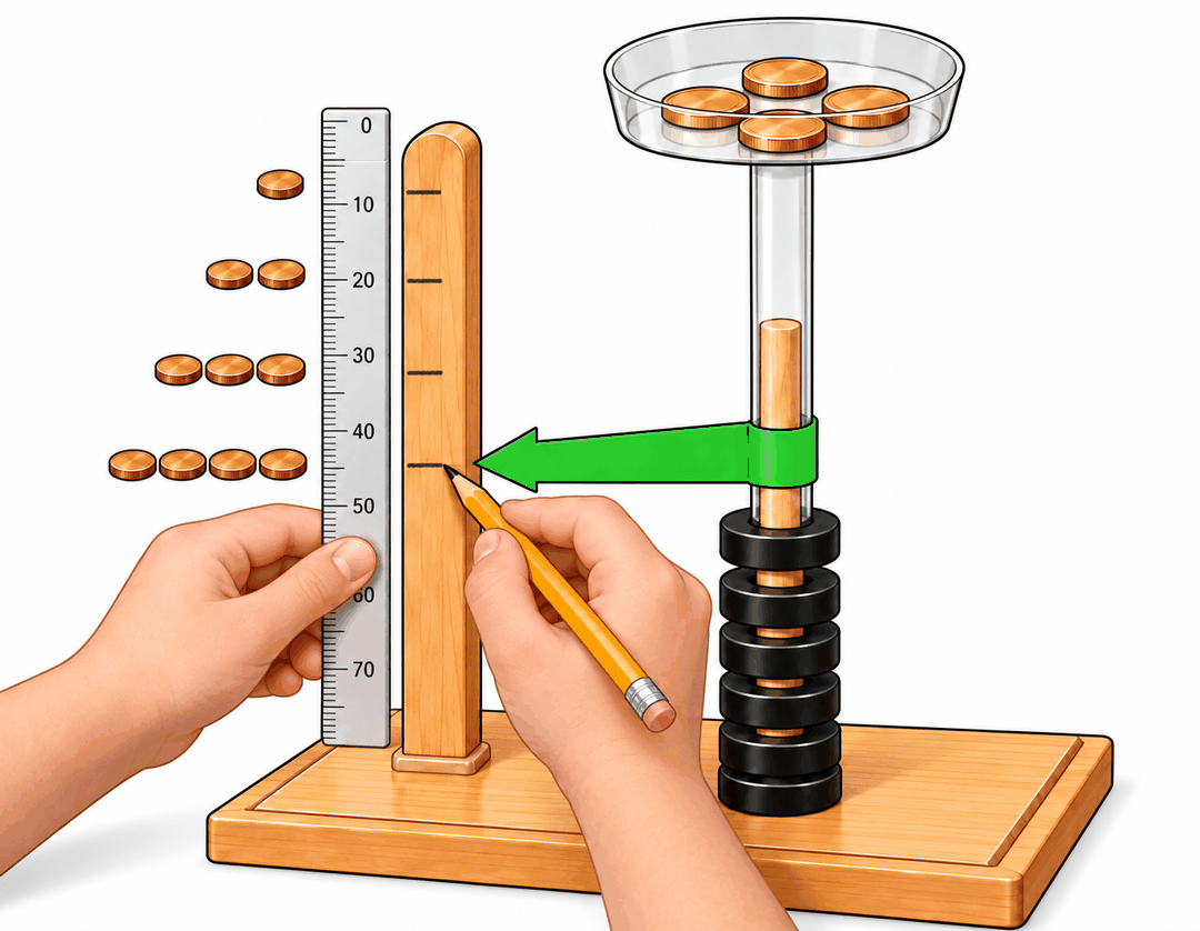 Doing the experiment: coins are added to the petri dish tray, and a pencil marks the position of the green arrow on the craft stick next to a ruler, with a new mark for each group of coins
