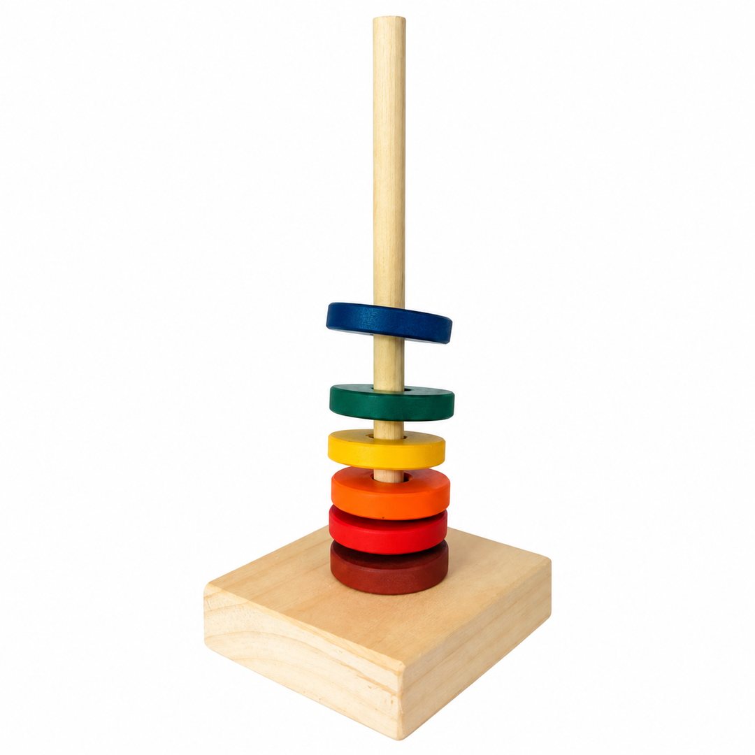 Floating Rings Science Set assembled: six colored ring magnets floating one above the other on a tall wooden dowel mounted on a square wooden block