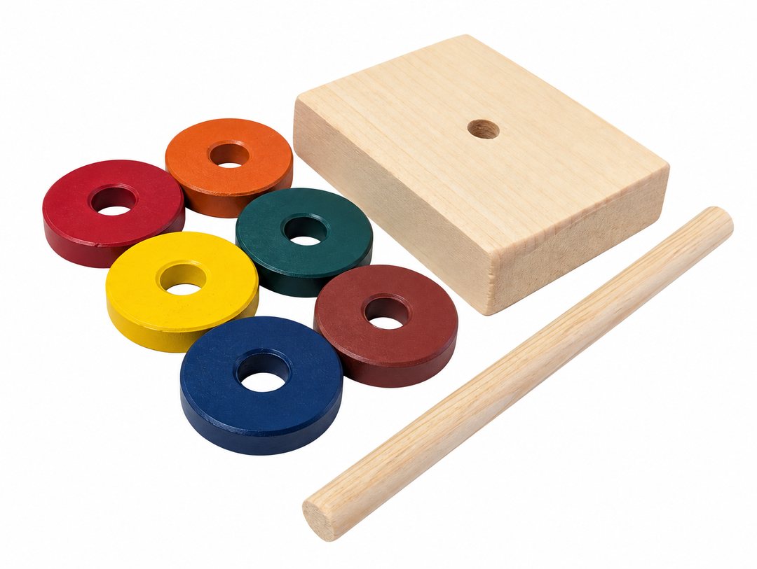 Kit parts: six colored ceramic ring magnets, a square wooden block with a center hole and a wooden dowel