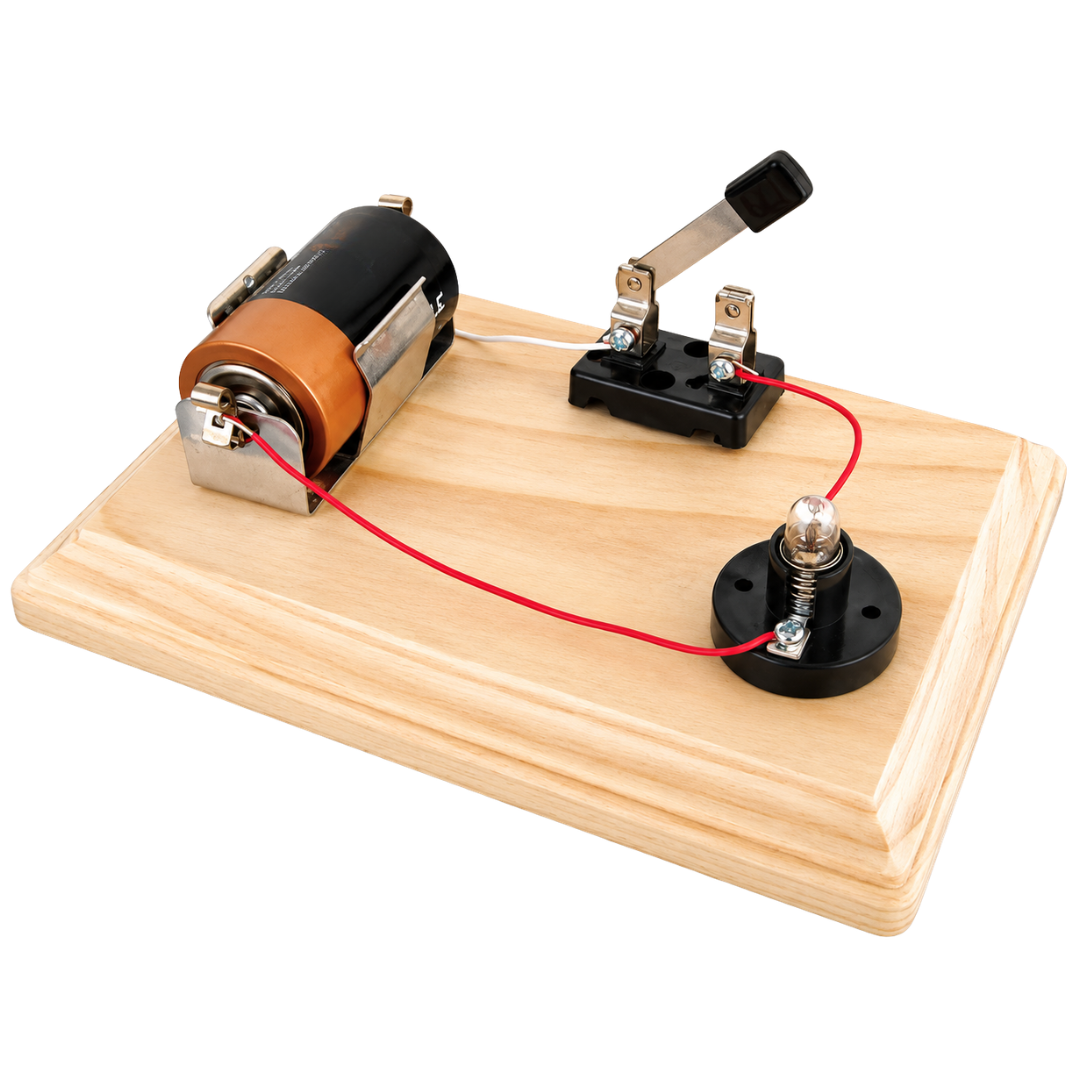 The circuit with the knife switch open and the light bulb turned off