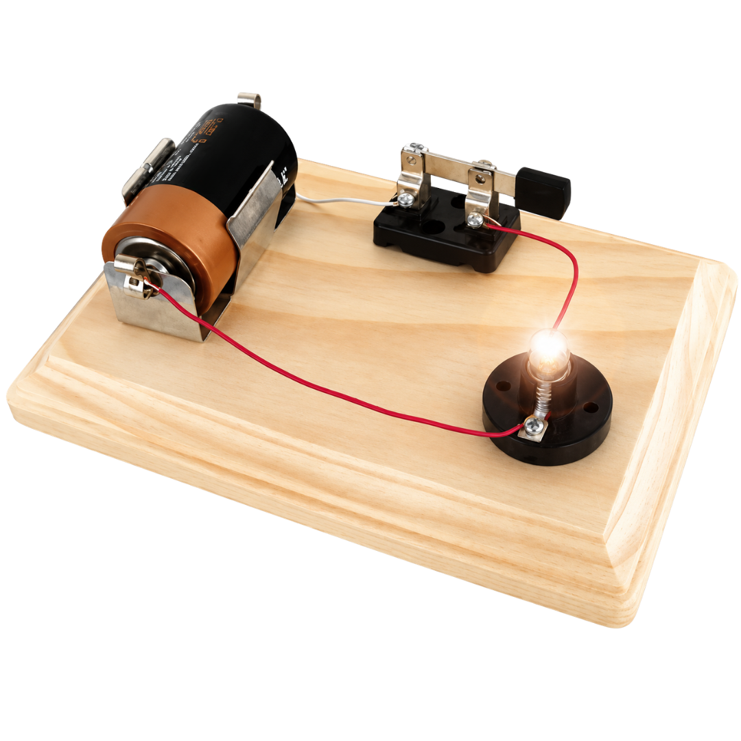 Completed simple electric circuit on a wooden base with the light bulb turned on
