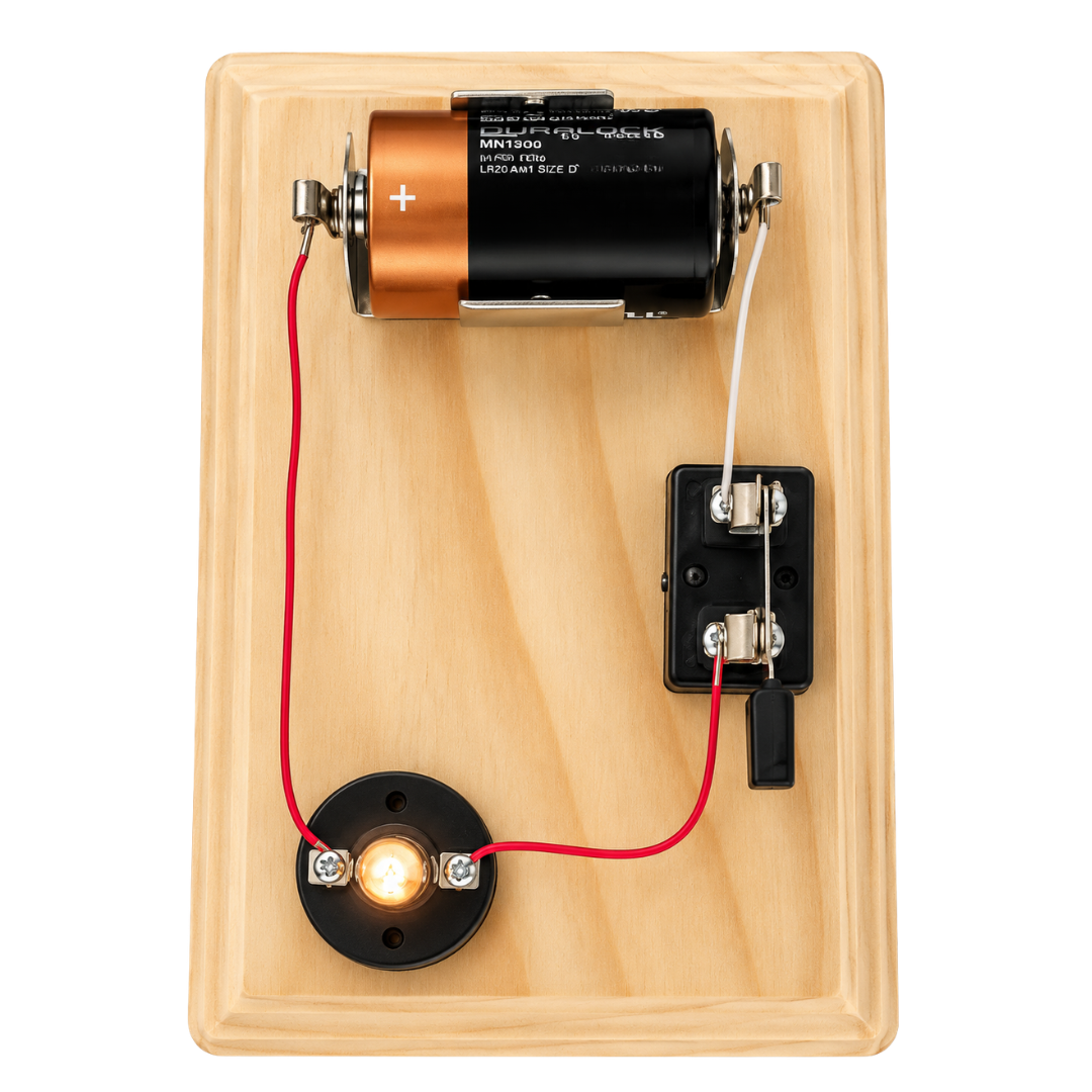Top view of the wooden base showing the battery holder, knife switch and lamp holder wired in series