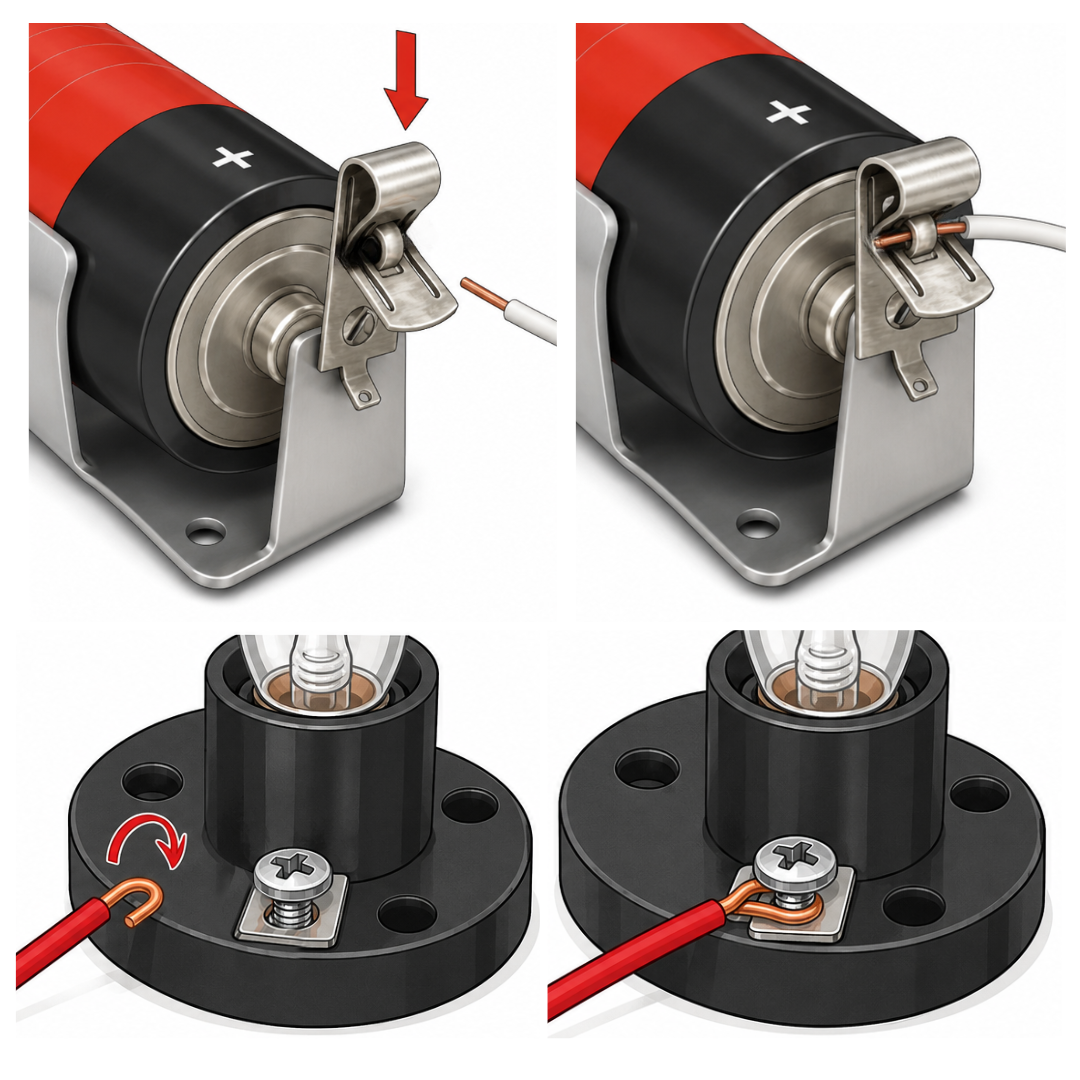 Detail of a wire being inserted into the spring clip of the battery holder