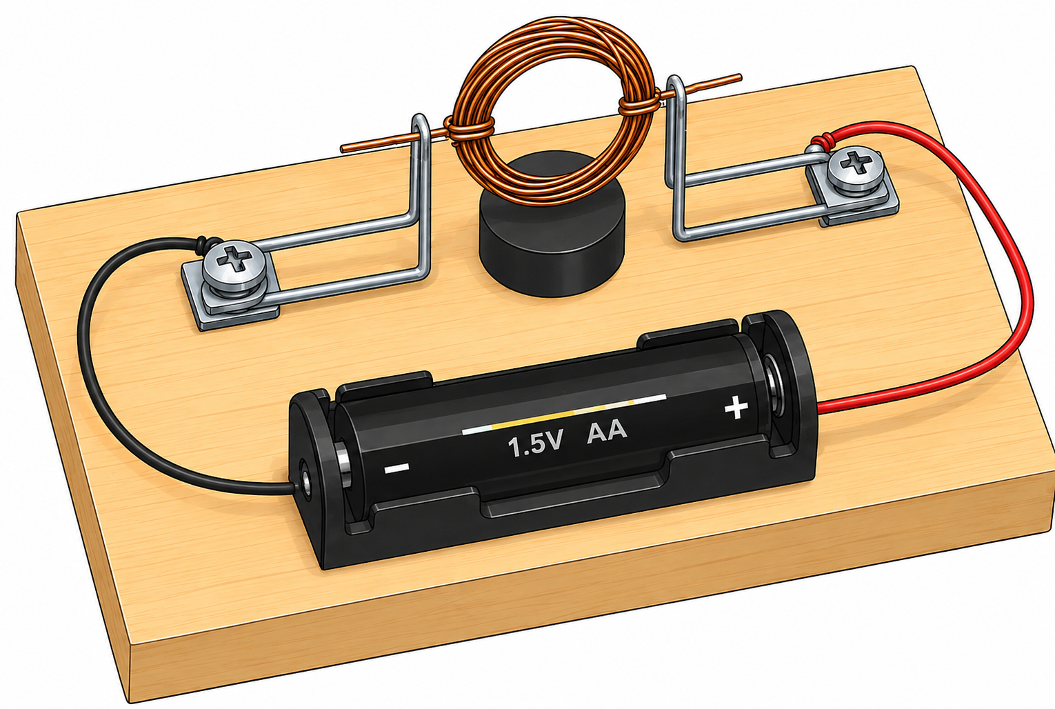 Completed magnet motor kit spinning on a wooden base
