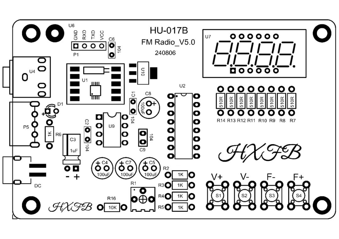 Silkscreen component map of the radio soldering kit PCB, showing every reference designator