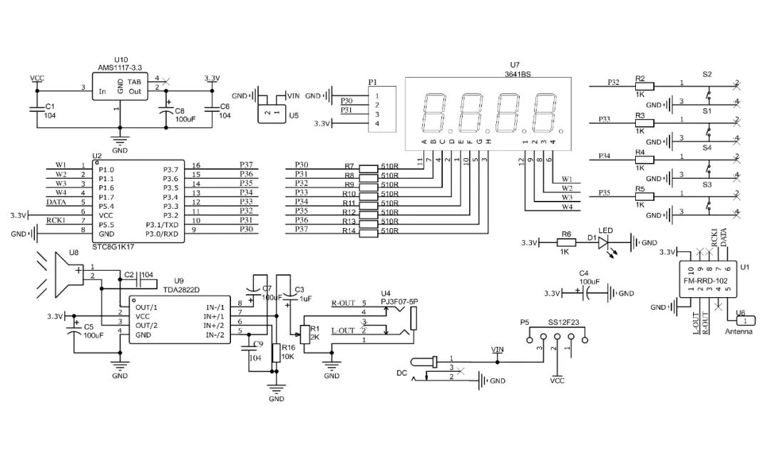 Schematic diagram of the RDA5807 radio soldering kit