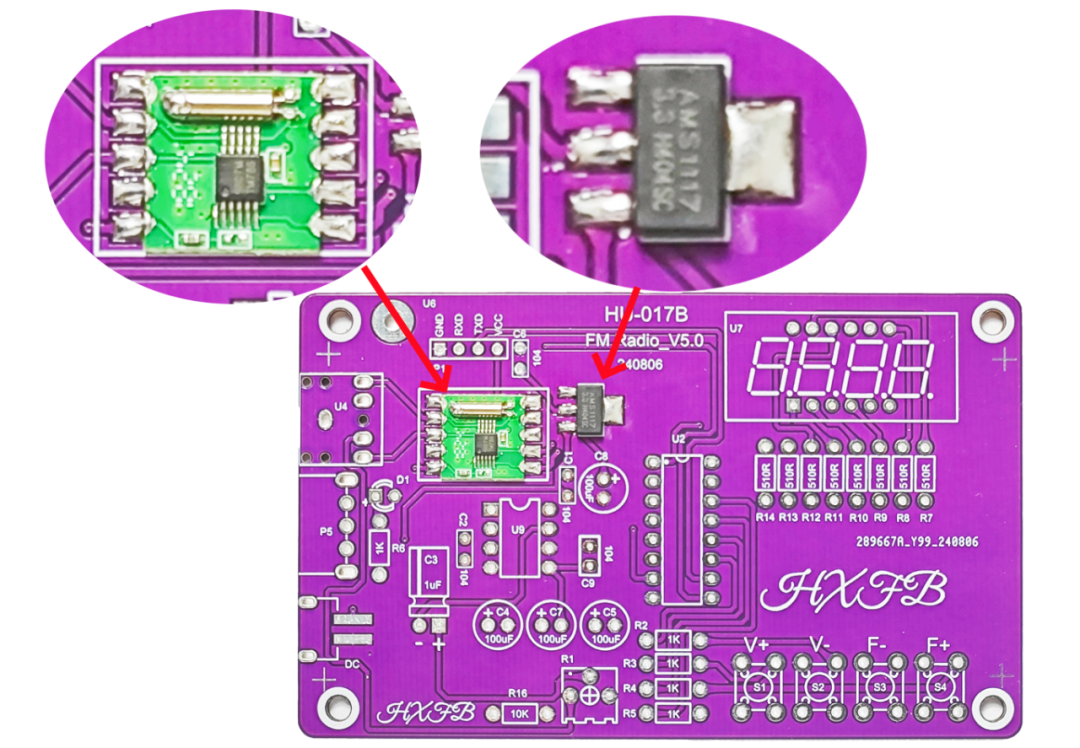 Soldering the AMS1117 chip and the RDA5807 radio module
