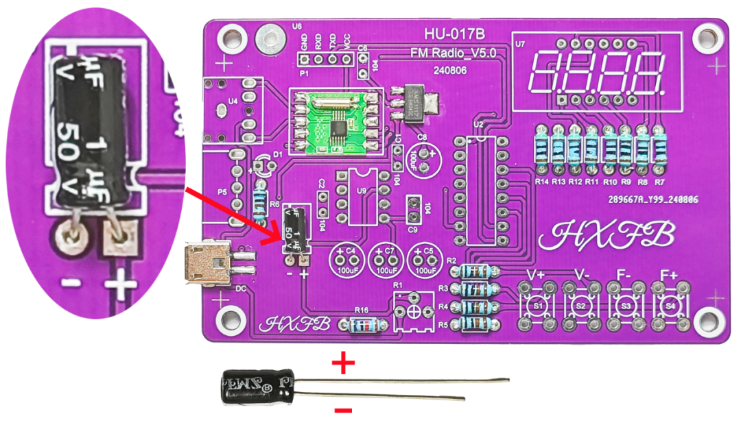 Soldering and bending the leads of the 1uF electrolytic capacitor