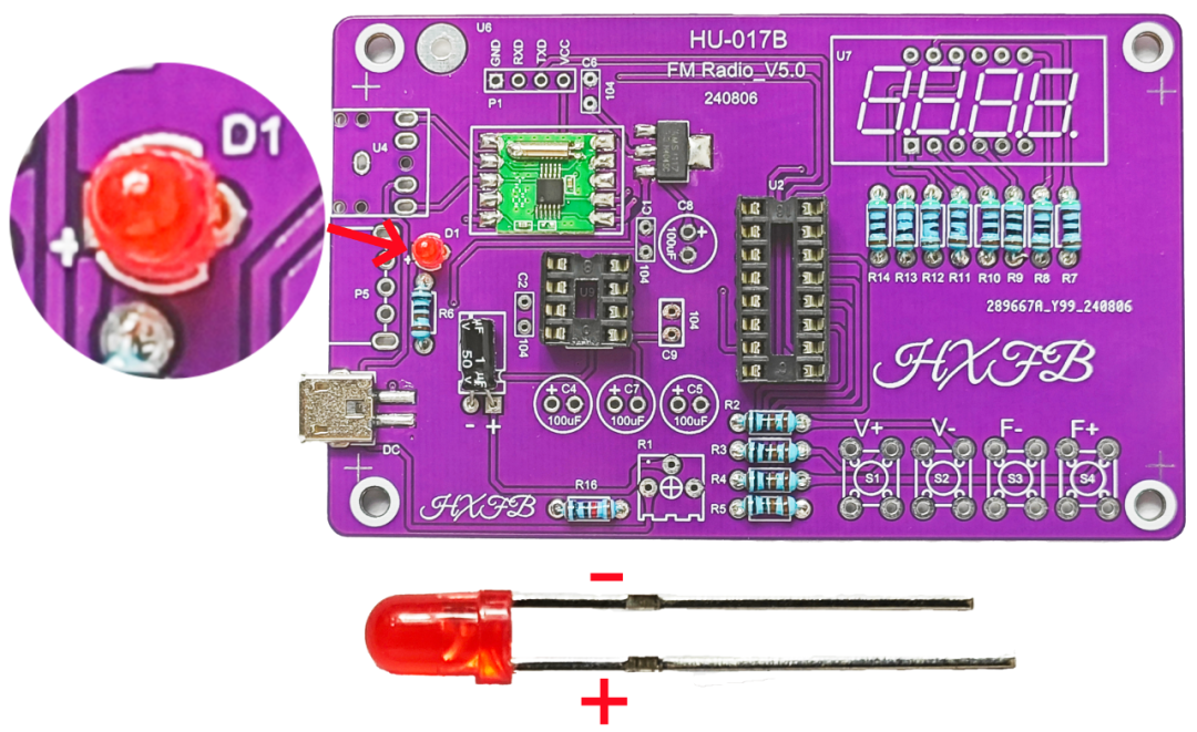 Soldering the red LED, long leg positive