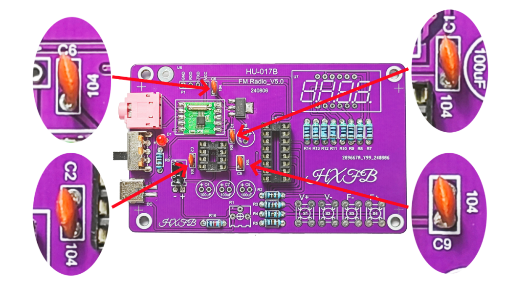 Soldering the 104 ceramic capacitors