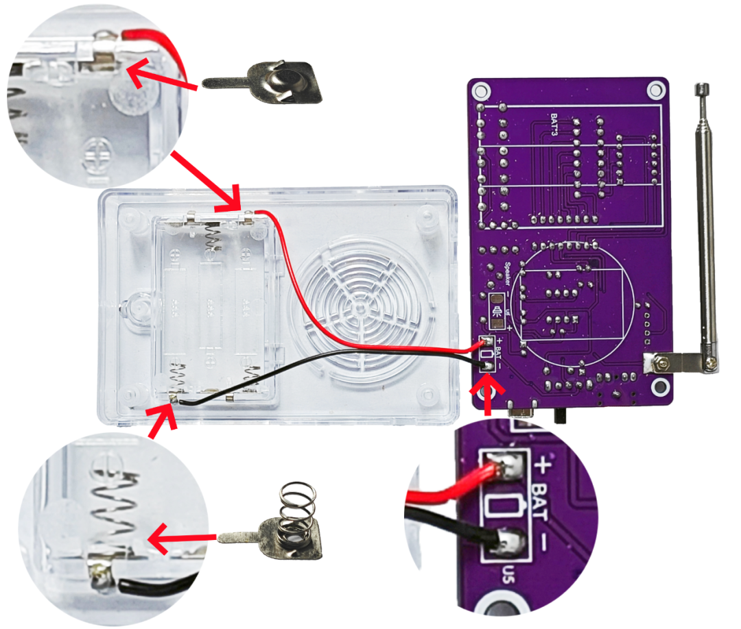 Soldering the red and black wire between the short battery contact and the PCB