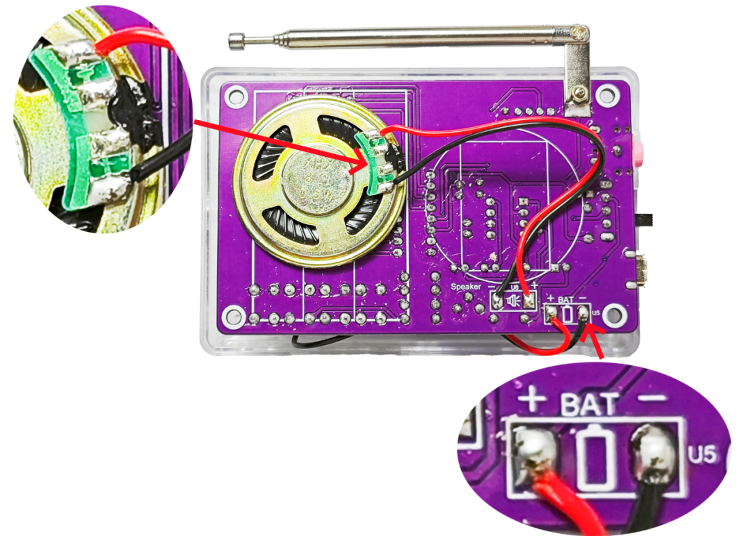 Soldering the red and black wire between the speaker and the PCB